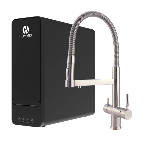 Hommix hydRO Under Sink Tankless RO System With Hommix Savona Brushed Nickel Pull-Out 3-Way Tap