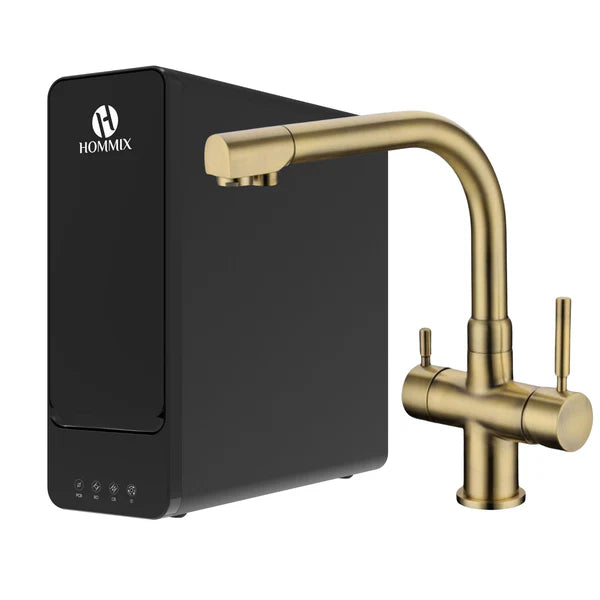 Hommix hydRO Under Sink Tankless RO System With Hommix Berta Brushed Brass 3-Way Tap