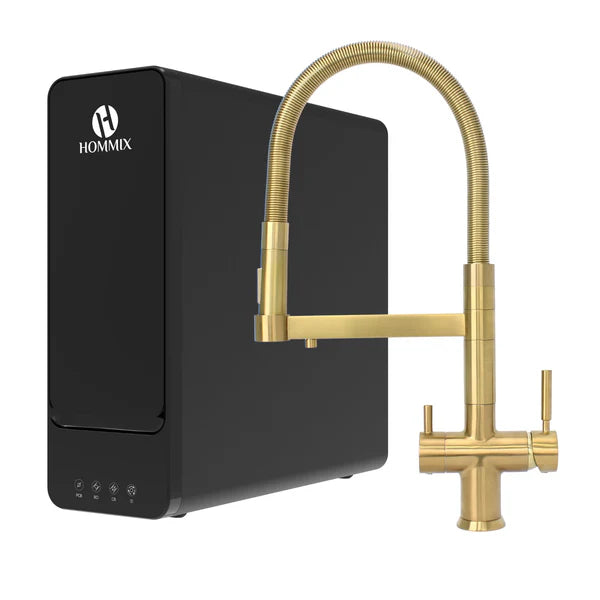Hommix hydRO Under Sink Tankless RO System With Hommix Savona Brushed Brass Pull-Out 3-Way Tap