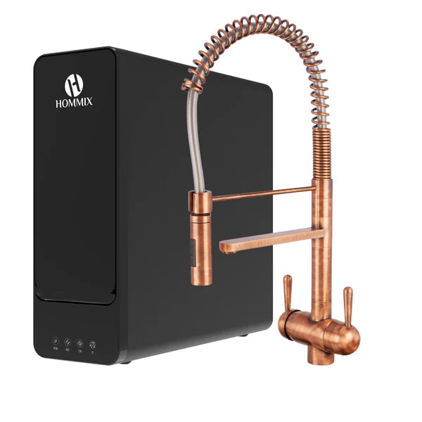 Hydro Under Sink Tankless RO System With Hommix Tatiana Tall Copper Pull-Out 3-Way Tap
