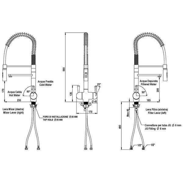 Hydro Under Sink Tankless RO System With Hommix Tatiana Tall Copper Pull-Out 3-Way Tap