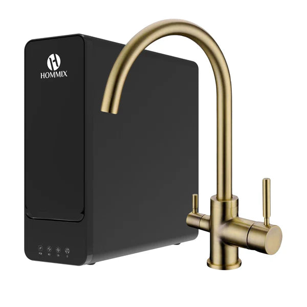 Hommix hydRO Under Sink Tankless RO System With Hommix Verona Brushed Brass 3-Way Tap