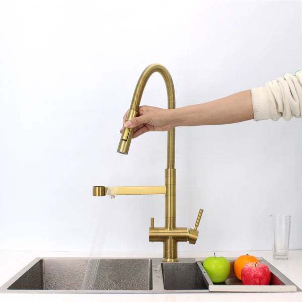 Hommix Savona Brushed Brass 3-Way Triflow Pull-Out Kitchen Tap
