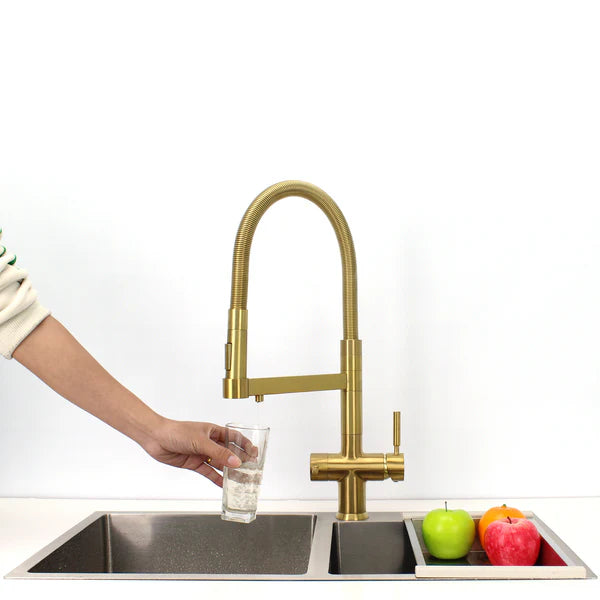 Hommix Savona Brushed Brass 3-Way Triflow Pull-Out Kitchen Tap