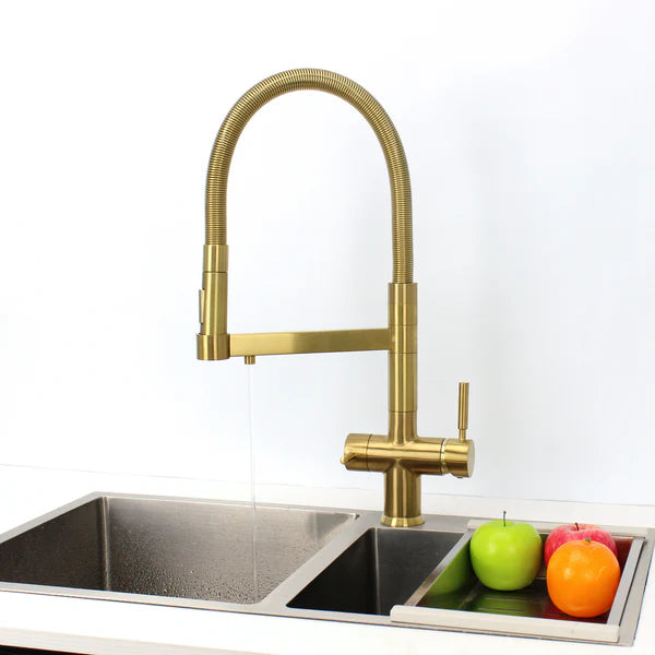 Hommix Savona Brushed Brass 3-Way Triflow Pull-Out Kitchen Tap
