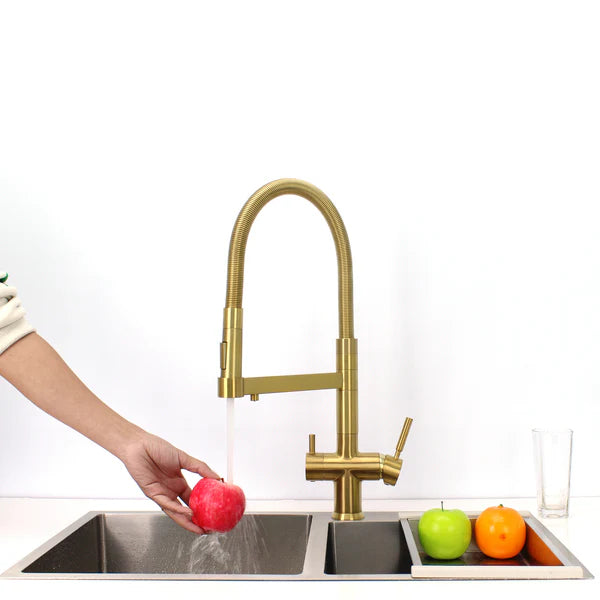 Hommix Savona Brushed Brass 3-Way Triflow Pull-Out Kitchen Tap