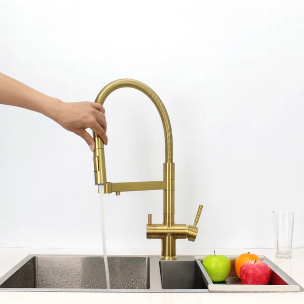 Hommix Savona Brushed Brass 3-Way Triflow Pull-Out Kitchen Tap