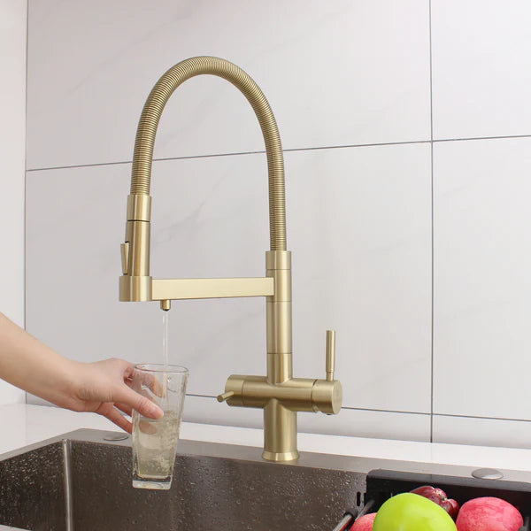 Hommix Savona Brushed Brass 3-Way Triflow Pull-Out Kitchen Tap