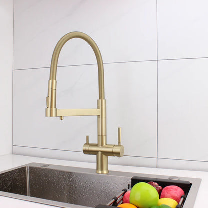 Hommix Savona Brushed Brass 3-Way Triflow Pull-Out Kitchen Tap