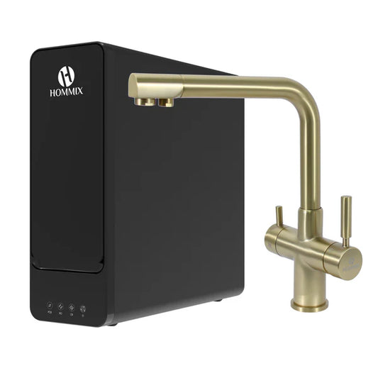Hommix hydRO Under Sink Tankless RO System With Hommix Berta Brushed Brass 3-Way Tap